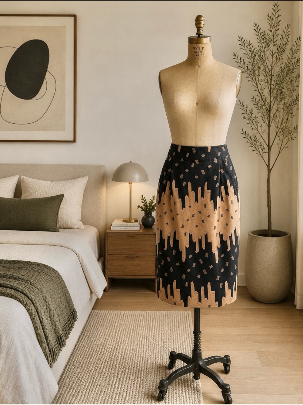 💯 SILK VTG Black and Tan Architectural Print Pencil Skirt Waist - 13.5”